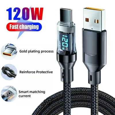 120W USB 유형 C 케이블 LED 디지털 디스플레이 PD 케이블 Xiaomi 13 Redmi 용 고속 충전 나일론 데이터 코드 삼성 USB C 충전기 케이블